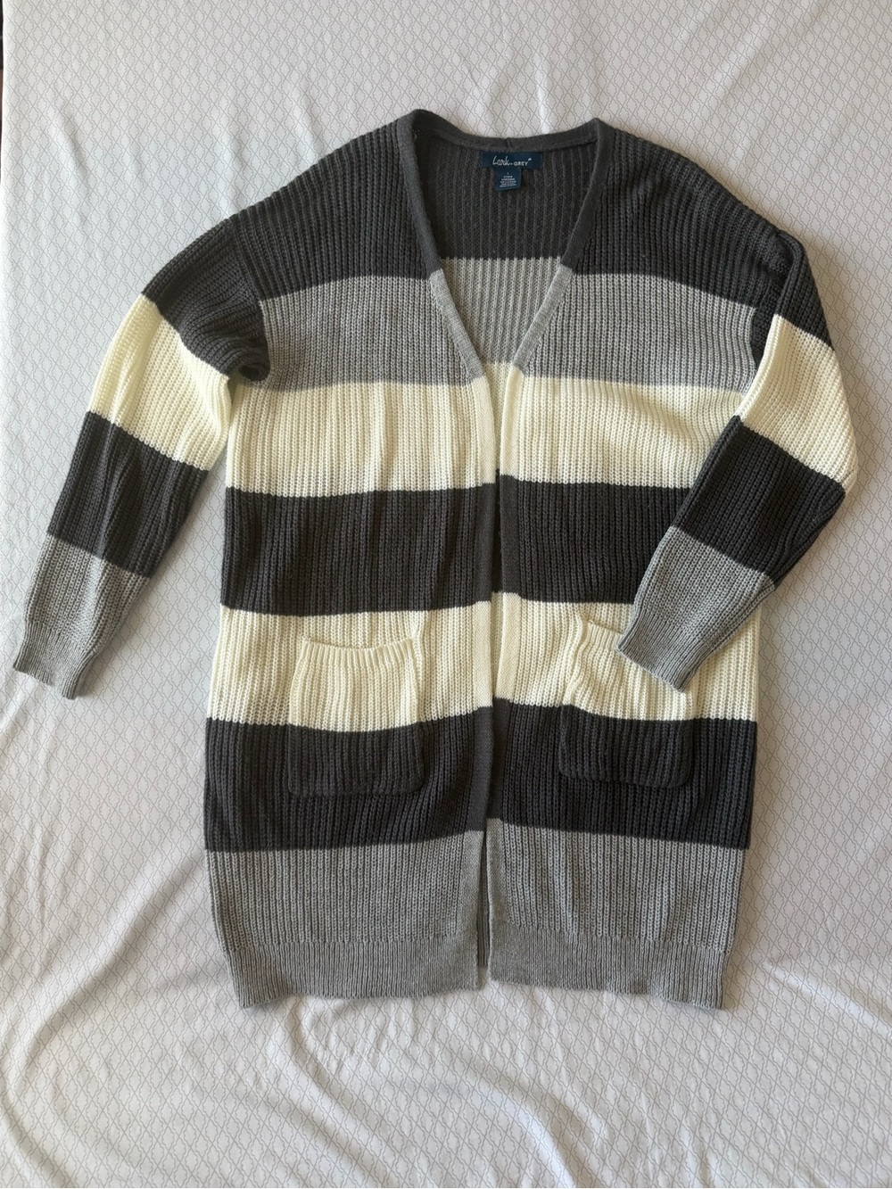 Long Open-Front Striped Cardigan - Gray, Dark Gray & Cream